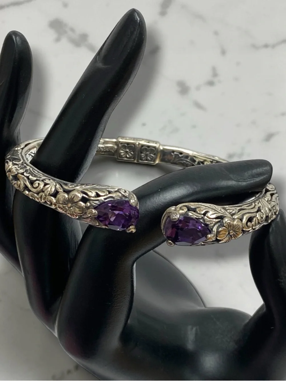 Estate Embossed Sterling Silver 925 Amethyst Cuff Hinged Bangle Bracelet! - Picture 13 of 16